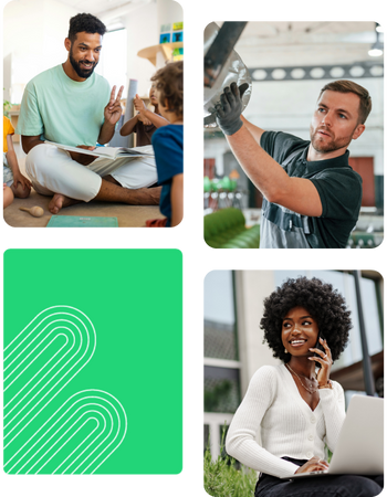 A collage of four images: Top-left shows a smiling man sitting cross-legged on the floor holding a book, interacting with a child; Top-right features a focused male technician in work attire adjusting industrial equipment; Bottom-left is a green graphic with abstract white line patterns; Bottom-right displays a cheerful woman with curly hair, sitting outdoors using a laptop and speaking on a mobile phone.