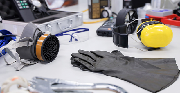 A workbench with a variety of safety equipment