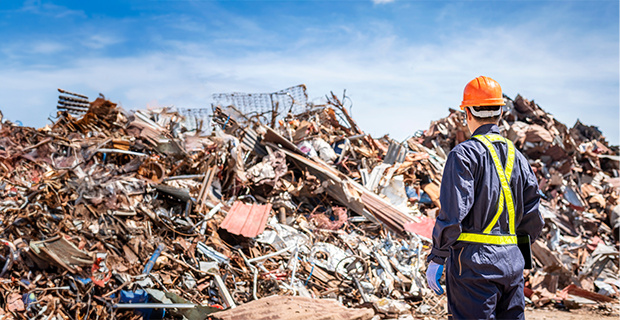 A man wearing a hard hat and safety vest stands in front of pile of rubble